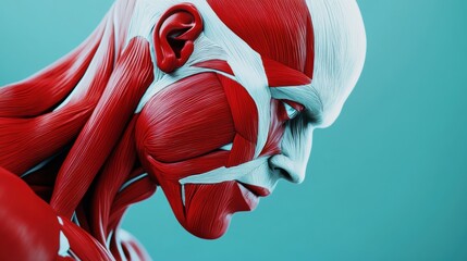 Poster - This detailed 3D close-up reveals a muscular model highlighting red and white anatomical features against a teal background. Generative AI