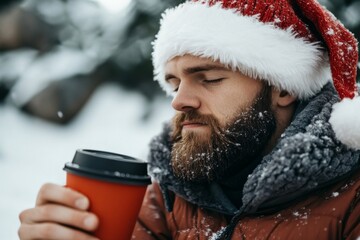 A bearded man wearing a Santa hat enjoys a warm drink from a cup amidst a snowy landscape, evoking a sense of comfort, warmth, and winter serenity.