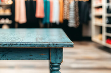 Empty blue table standing inside fashion store boutique