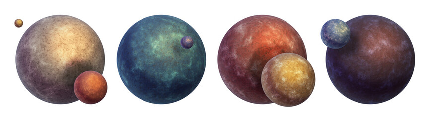 3d planet icon set, sci-fi moon space illustration, alien realistic red, yellow, blue globe render. 