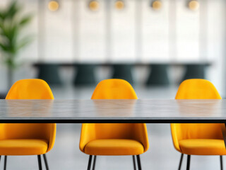 Poster - Empty table with yellow chairs in a modern office space