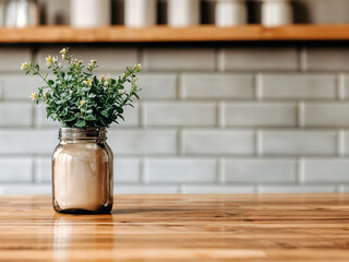 Poster - Small plant in a vase decorating empty wooden table