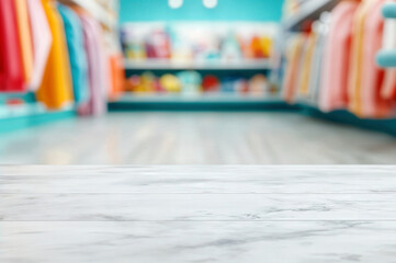 Aufkleber - Empty white table displaying blurred clothes store background