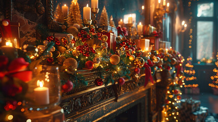 Poster - A festive mantelpiece with cascading garlands, golden ribbons, and sparkling fairy lights, framed by beautifully wrapped gifts and glowing candles.