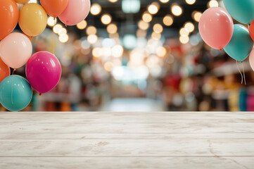 Poster - Empty wooden table with colorful balloons floating on blurred shopping mall background