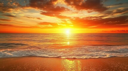 Poster - A serene sunset over the ocean with vibrant orange and red hues reflecting on the water, creating a peaceful beach scene.