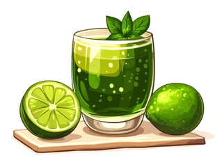 A glass of green juice with lime slices and mint leaves on a wooden board.