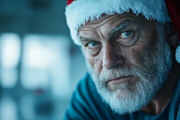 A bearded man wearing a Santa hat stares intently into the camera with a serious expression, featuring a mix of traditional holiday and stern mood elements.