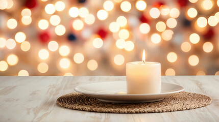 Aufkleber - White burning candle is standing on a plate on a wooden table with christmas lights in the background