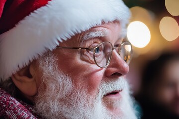 A thoughtful Santa Claus wearing glasses gazes at twinkling holiday lights, his expression filled with wisdom and nostalgia, capturing the magic of the season.