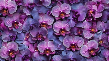 Wall Mural - Close-up of blooming purple orchids forming an intricate floral pattern, creating a rich and vibrant floral background.