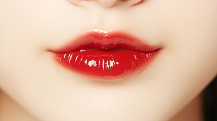 Aufkleber - 若いアジア人女性の唇のクローズアップ。潤いのある赤い色の口紅を付けている可愛い口元。