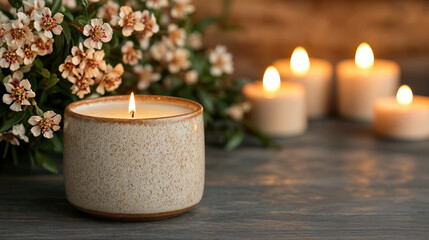 Aufkleber - Burning scented candle in a ceramic holder on a rustic wooden table, with a bouquet of white flowers and more candles in the background