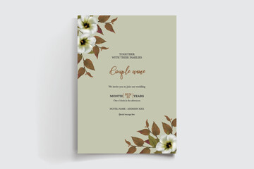 WEDDING INVITATION FRAME WITH FLOWER DECORATIONS AND FRESH LEAVES 