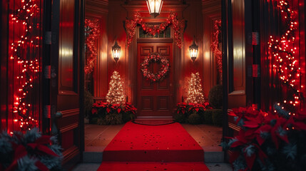 Poster - A front door framed by an extravagant garland wrapped in red velvet ribbon and shimmering fairy lights, with a massive wreath and a red carpet leading to the entrance for added drama.