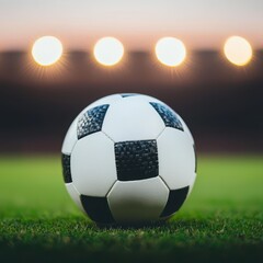 Close-up of a soccer ball on grass with blurred stadium lights in the background