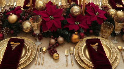 A Christmas table adorned with gold and burgundy accents, featuring burgundy velvet napkins, gold-rimmed plates, and a centerpiece of poinsettias, golden ornaments, and candles.