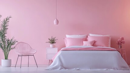 Sticker - Modern romantic bedroom with pastel pink walls and decor, featuring a large bed and minimalist furniture for a calm, peaceful space.