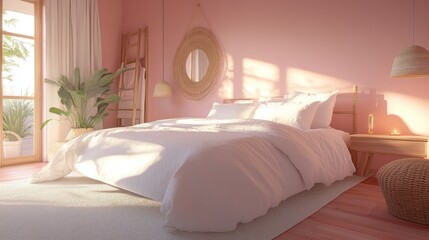 Sticker - Modern romantic bedroom with pastel pink walls and decor, featuring a large bed and minimalist furniture for a calm, peaceful space.