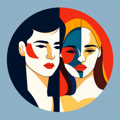 Wall Mural - Circular image of a man and woman in a modern, minimalist style. Gender equality concept