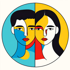 Wall Mural - Circular image of a man and woman in a modern, minimalist style. Gender equality concept