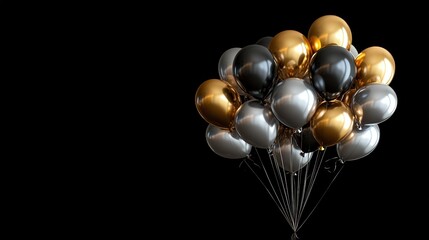 A set of shiny metallic balloons in gold and silver, floating together against a deep black background