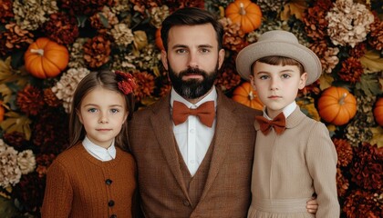 family portrait with autumn decorations.