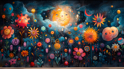 Colorful mural of flowers and whimsical elements