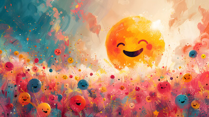 Joyful landscape with smiling sun and flowers