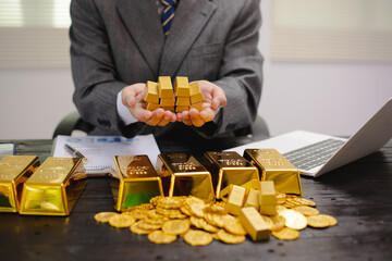 Illustration of businessman working hard with gold bars, evaluating investments and transactions in financial office, demonstrating asset allocation and precious metals trading strategies.