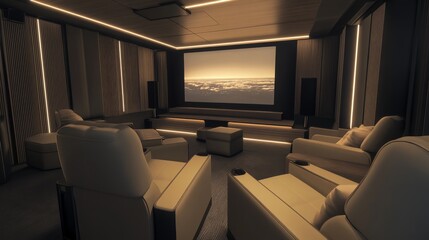Poster - A sophisticated home theater setup with projector and comfortable seating, Projector screen, surround sound system