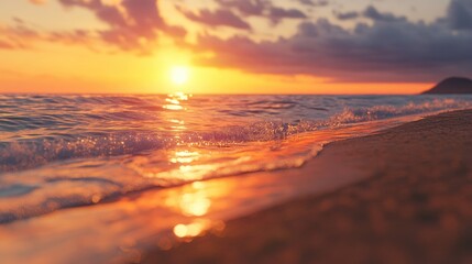 Poster - Sunset at the beach, with orange and red reflections on the water and soft waves gently hitting the shore, under a lightly clouded sky.