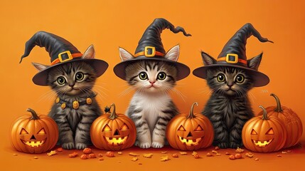 Three adorable cats dressed for Halloween, wearing witch hats and surrounded by pumpkins, sitting against an orange background.