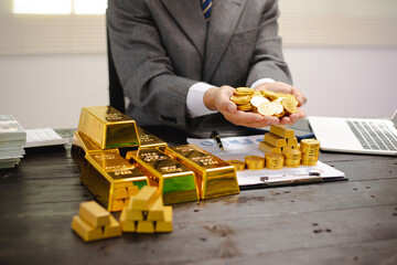 Illustration of businessman working hard with gold bars, evaluating investments and transactions in financial office, demonstrating asset allocation and precious metals trading strategies.