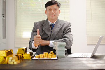 Illustration of businessman working hard with gold bars, evaluating investments and transactions in financial office, demonstrating asset allocation and precious metals trading strategies.