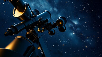 Poster - A sophisticated telescope arrangement on a starry night, Telescopes and star charts carefully set up, Scientific exploration style