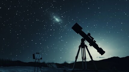 Poster - A sophisticated telescope arrangement on a starry night, Telescopes and star charts carefully set up, Scientific exploration style