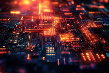 Poster - Intricate circuitry illuminated by vibrant orange and blue lights in a high-tech environment