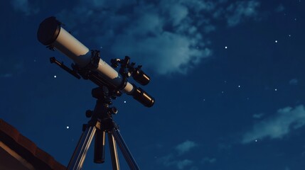 Poster - A sophisticated telescope setup on a quiet rooftop terrace, Telescope and astronomy tools precisely positioned, Modern observational style