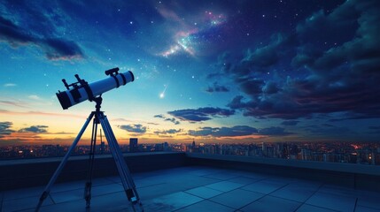 Poster - A sophisticated telescope setup on a quiet rooftop terrace, Telescope and astronomy tools precisely positioned, Modern observational style