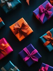 Poster - Brightly colored gift boxes with shiny bows are arranged neatly on a dark surface, perfect for a celebration or special event. Generative AI