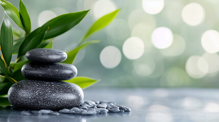 Poster - Basalt stones stacked gracefully near vibrant bamboo create a calming atmosphere in soft, diffused light