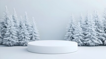 Snow Covered Podium in Misty Winter Forest Backdrop 3D