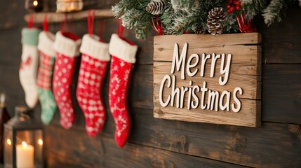 A cozy Christmas scene featuring colorful stockings hung on a rustic wooden wall, with a wooden sign saying 