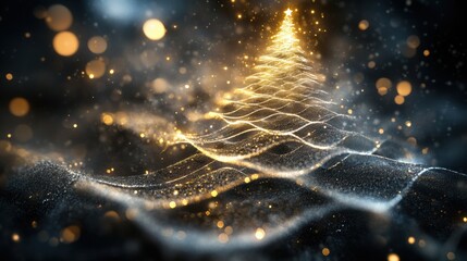 Aufkleber - A beautiful silhouette of a Christmas tree is formed by interwoven golden and silver lines on a dark, textured backdrop. Generative AI