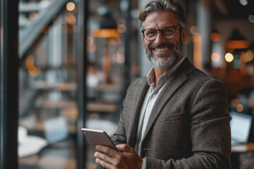 Happy businessman smiling with tablet, phone, and laptop inside the modern office.