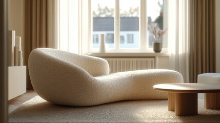 Sofa, a curved sofa with two armchairs in the living room interior of a modern home decor, featuring a fluffy white fabric texture and a neutral color scheme.