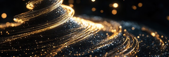 Aufkleber - A shimmering silhouette of a Christmas tree is formed by interwoven golden and silver lines against a dark backdrop, embodying festive spirit. Generative AI