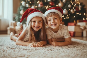 Cheerful children celebrate Christmas in festive hats with joy and laughter. Generative AI