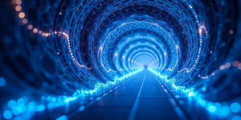 Wall Mural - A digital tunnel with glowing blue lights.